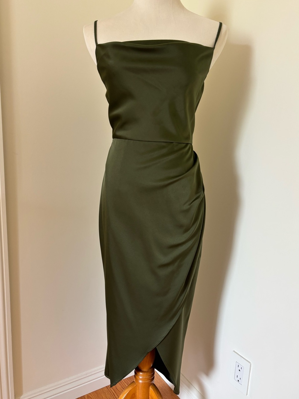 More to Come Olive Green Satin Midi Dress